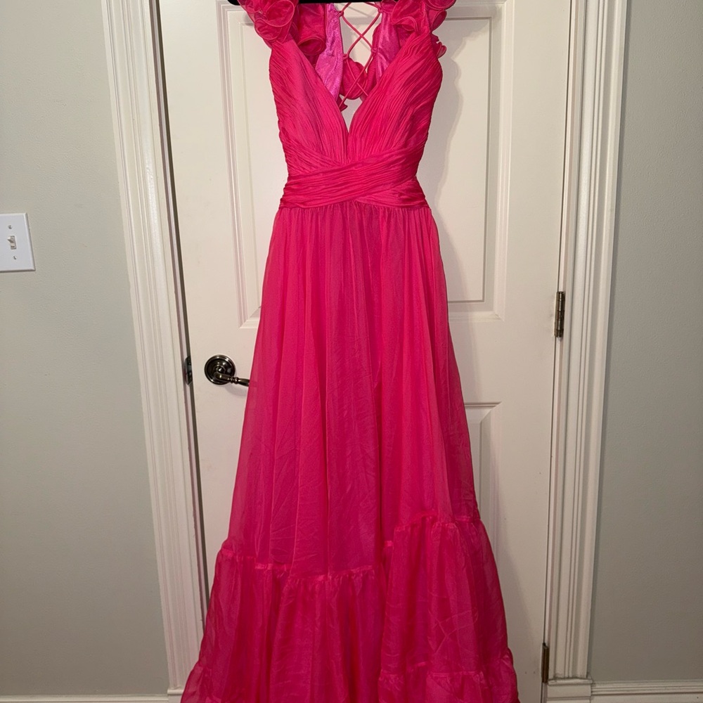 MAC DUGGAL HOT PINK RUFFLE DRESS - Picture 6 of 10